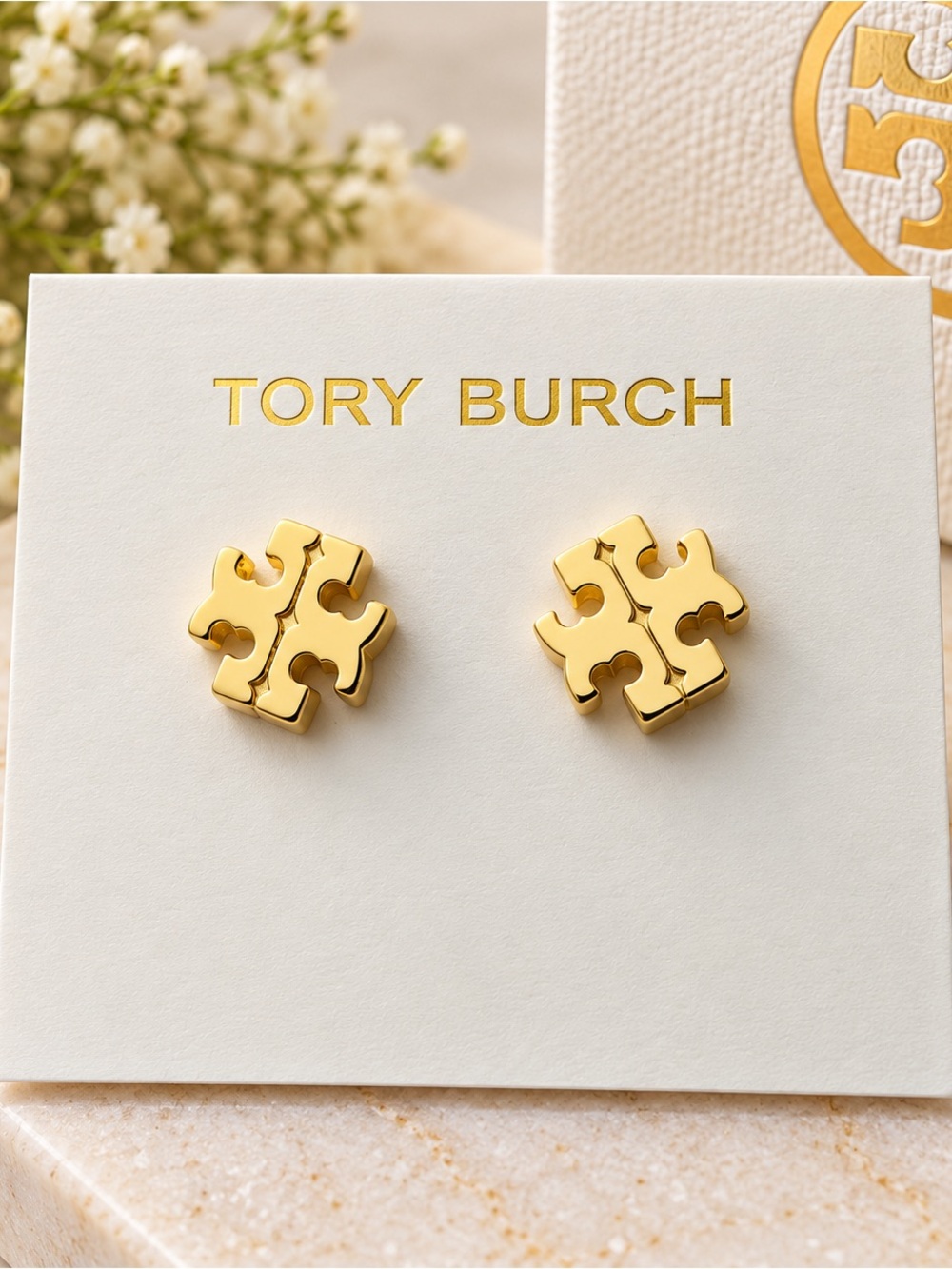 Tory Burch Gold Logo Puzzle Stud Earrings